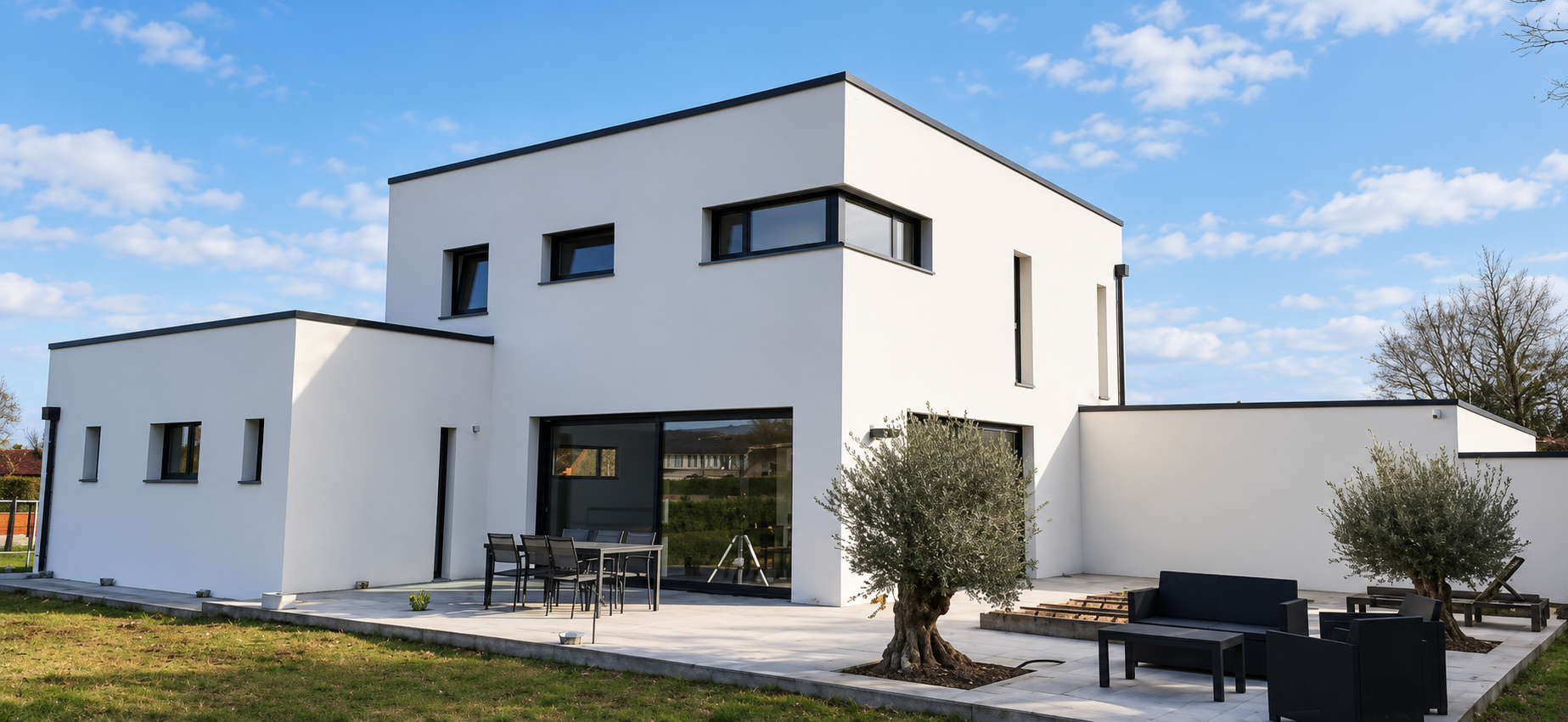 Maison moderne blanche avec baie coulissante et fenêtres noires
