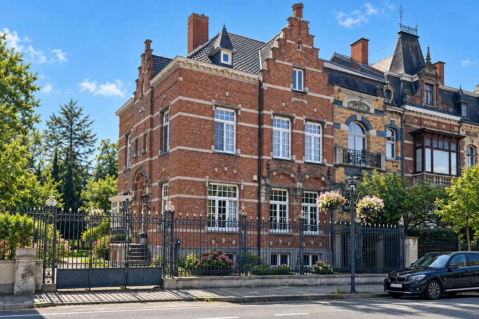 Maison bourgeoise en brique avec fenêtres blanches à petits bois