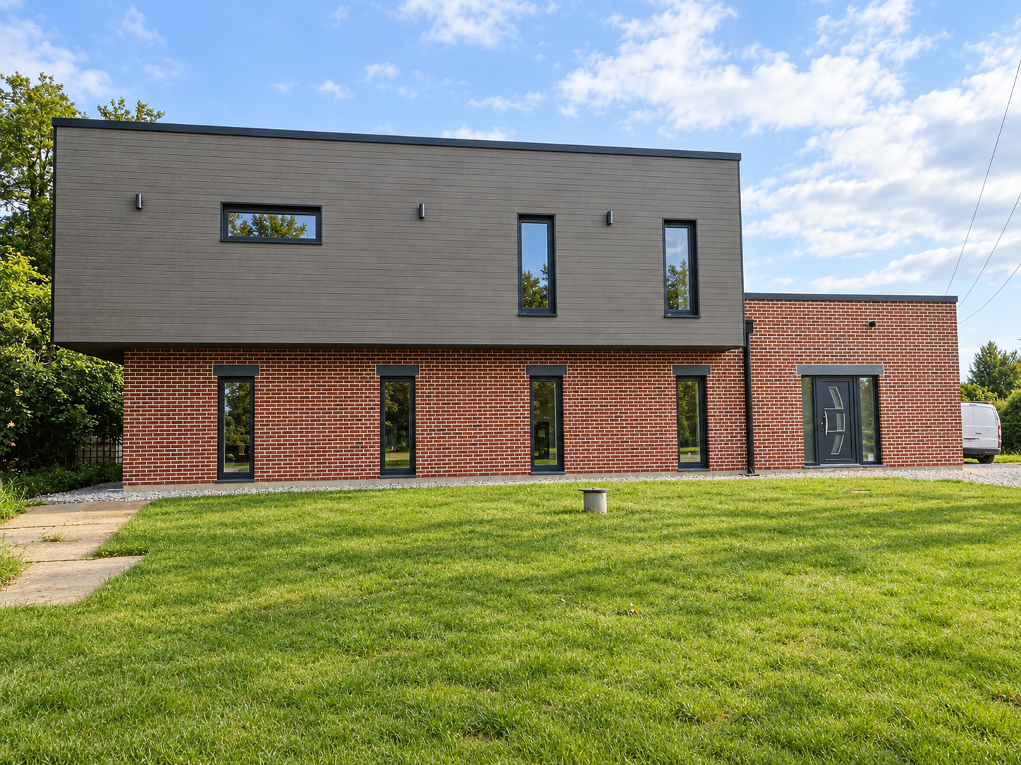 Maison contemporaine brique et bardage avec fenêtres noires étroites