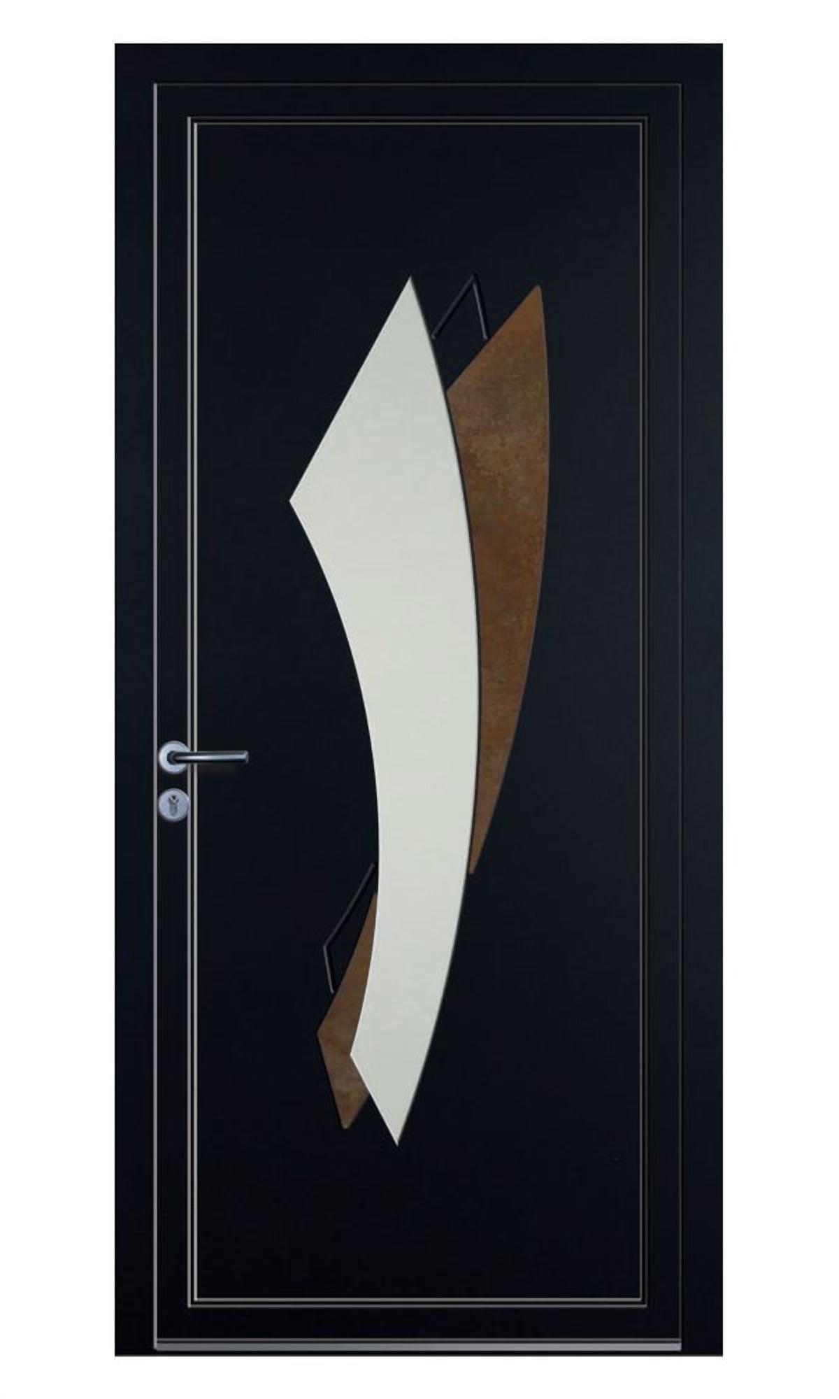 Porte d'entrée Eros — Insert céramique rouille, rainurage et vitrage dépoli