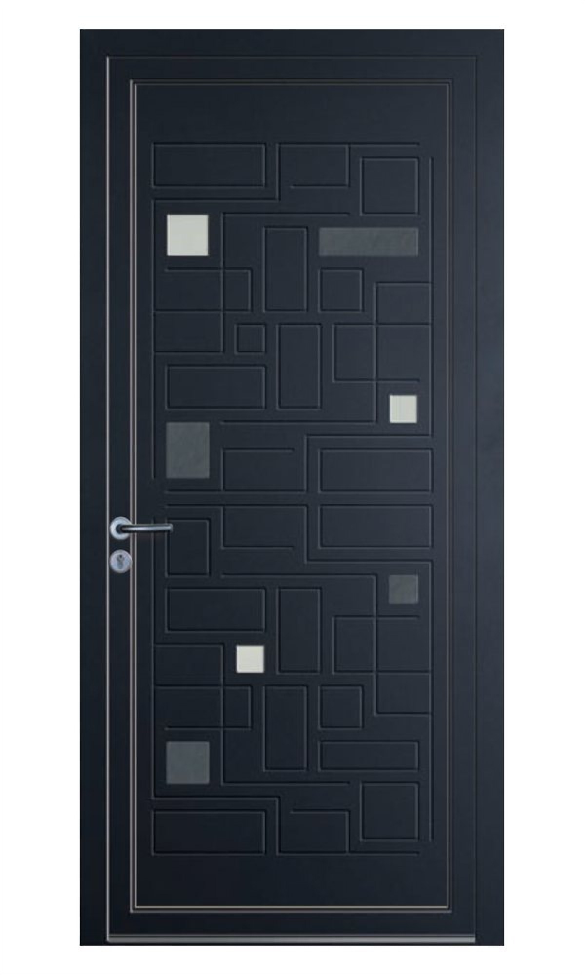 Porte d'entrée Karl — Insert inox, rainurage et vitrage dépoli