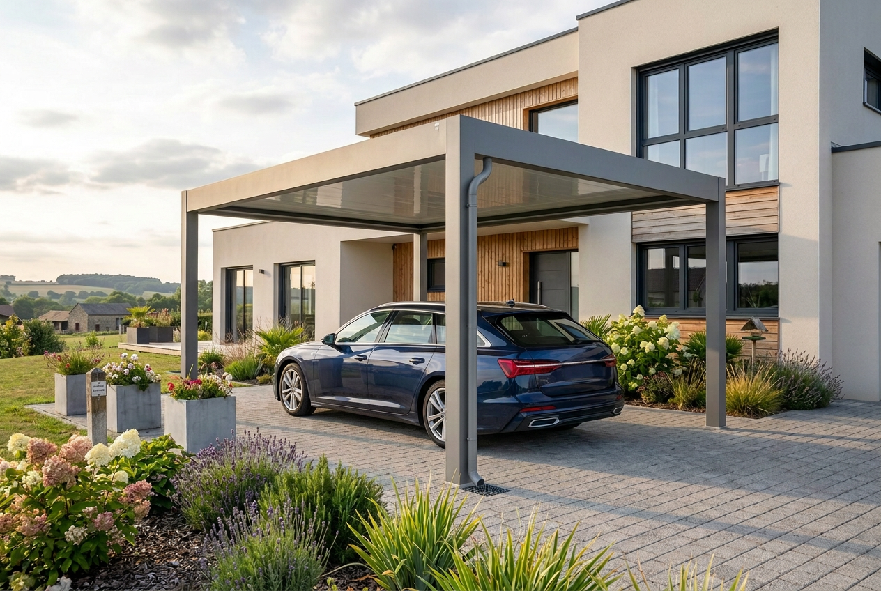 Carport aluminium à toit plat devant une maison particulière avec un break familial