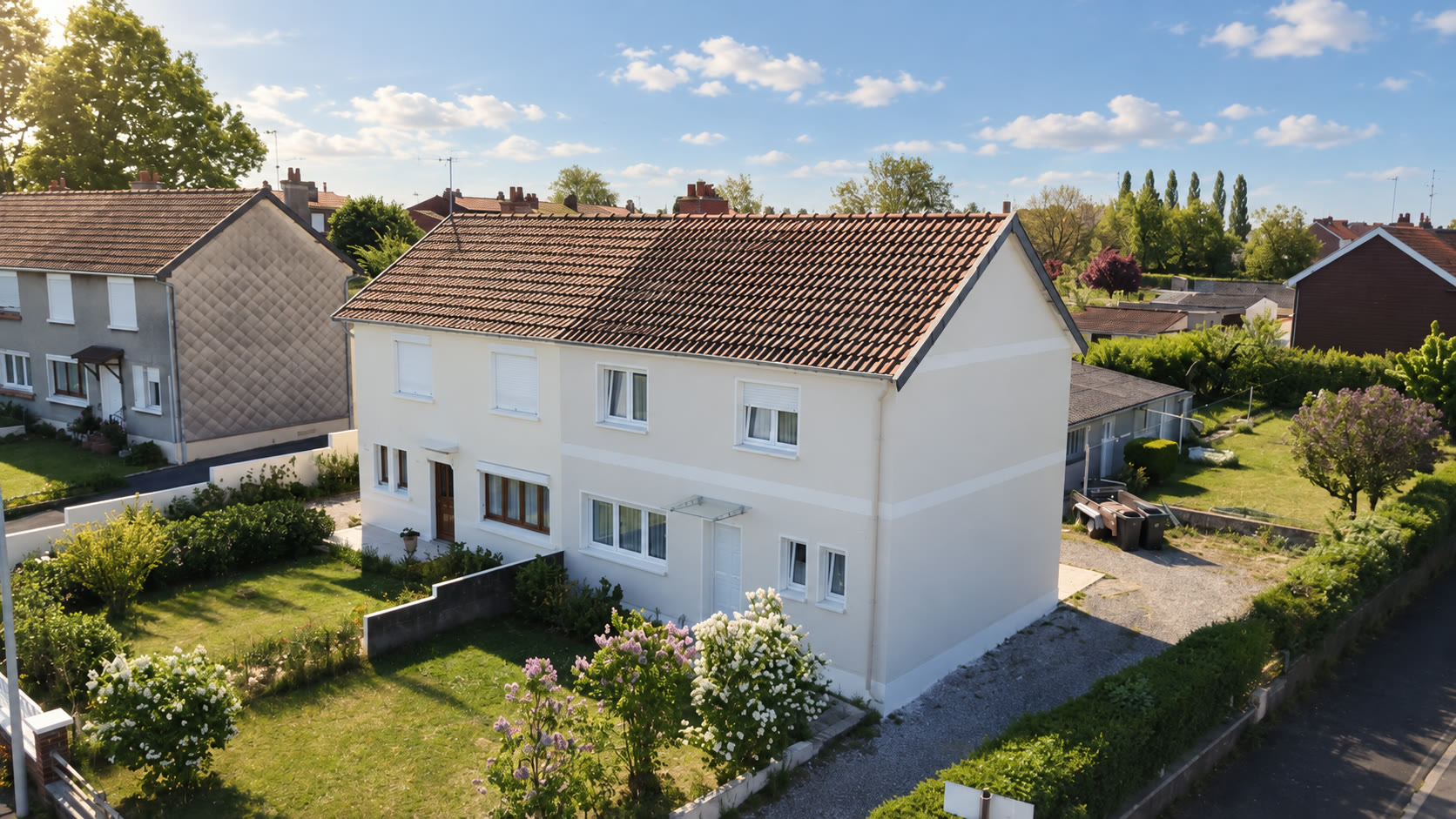 Maison isolée avec enduit blanc vue aérienne