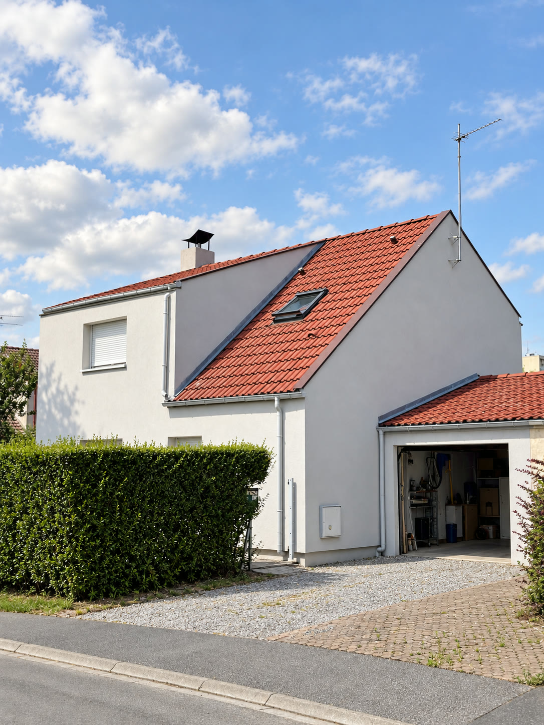 Maison au pignon rénové en enduit blanc avec toiture en tuiles rouges