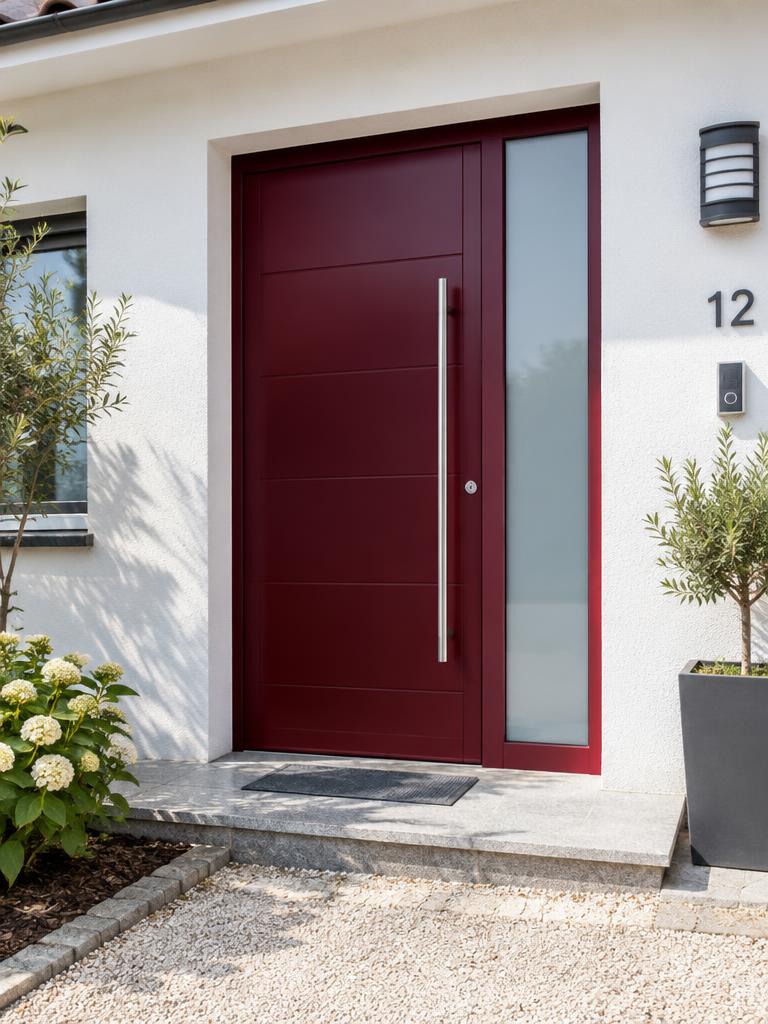 Porte d'entrée bordeaux avec tierce vitrée sablée