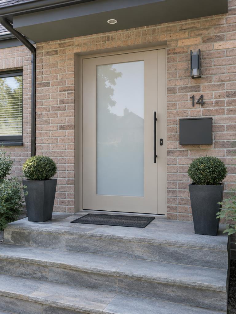 Porte d'entrée sable avec grand vitrage sablé sur maison en briques