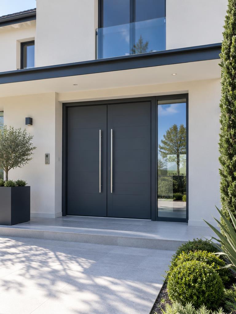 Porte d'entrée anthracite à double vantail sur villa contemporaine
