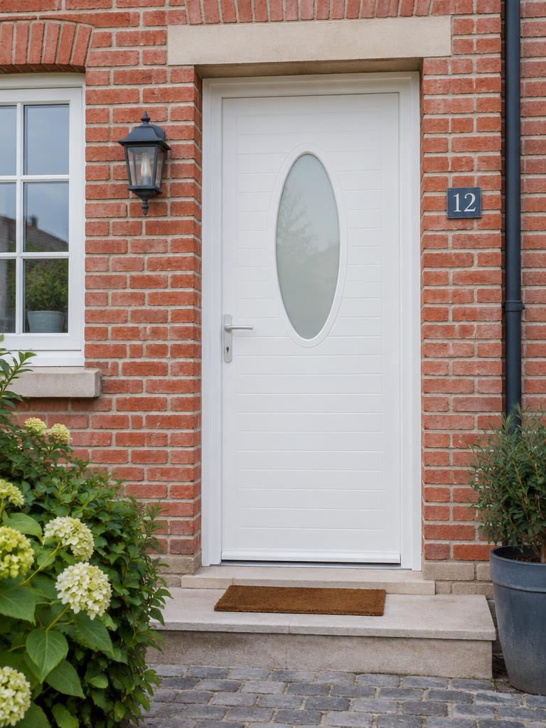 Porte d'entrée blanche avec vitrage ovale sablé sur maison en briques