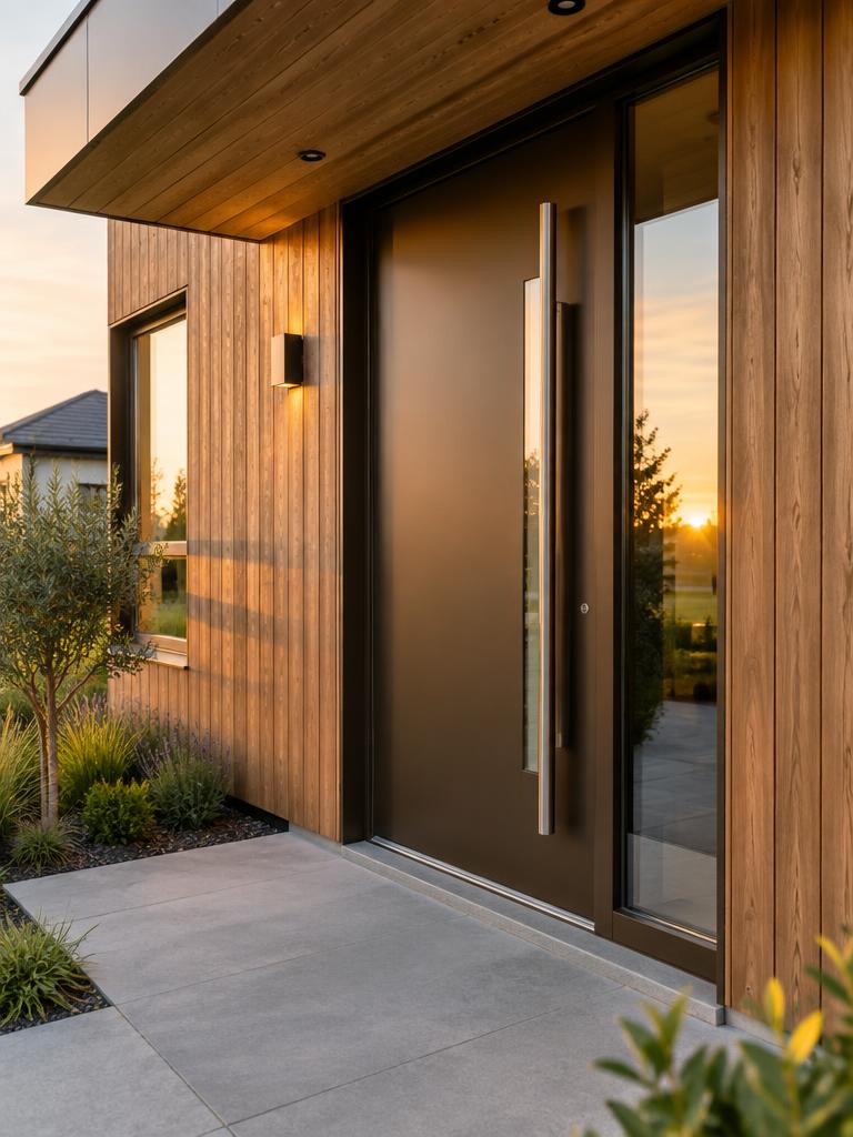 Porte d'entrée bronze avec vitrage pleine hauteur sur maison bardée bois