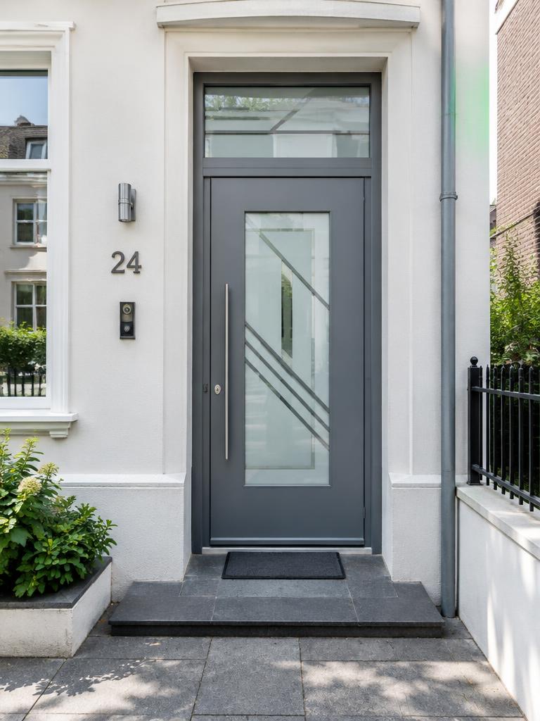 Porte d'entrée grise avec vitrage à décor graphique et imposte