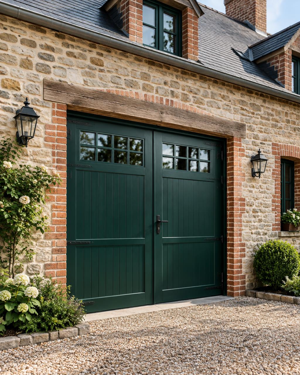 Porte de garage battante verte sur une maison en pierre