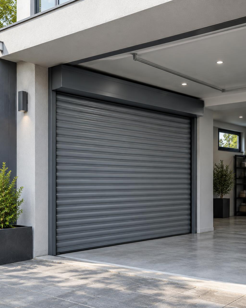 Porte de garage enroulable aluminium grise à coffre compact