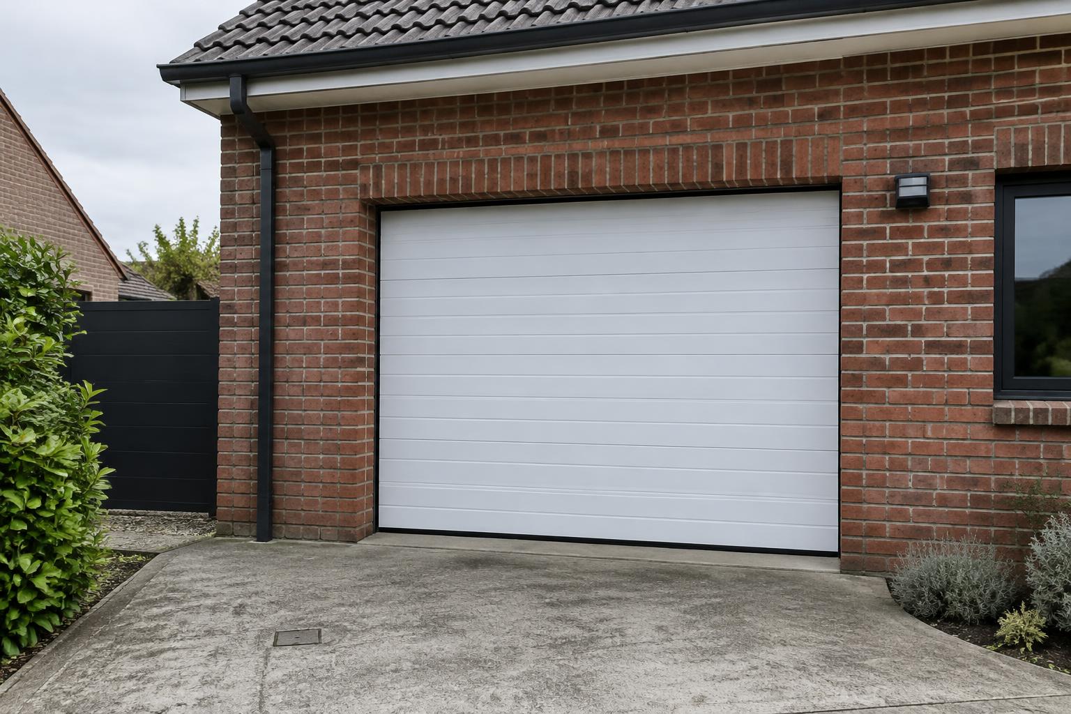 Visuel d'inspiration : porte sectionnelle blanche à nervures sur maison en briques
