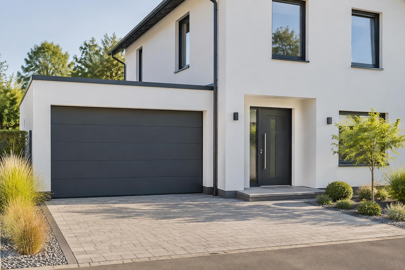 Visuel d'inspiration : porte sectionnelle lisse anthracite sur maison enduite blanche