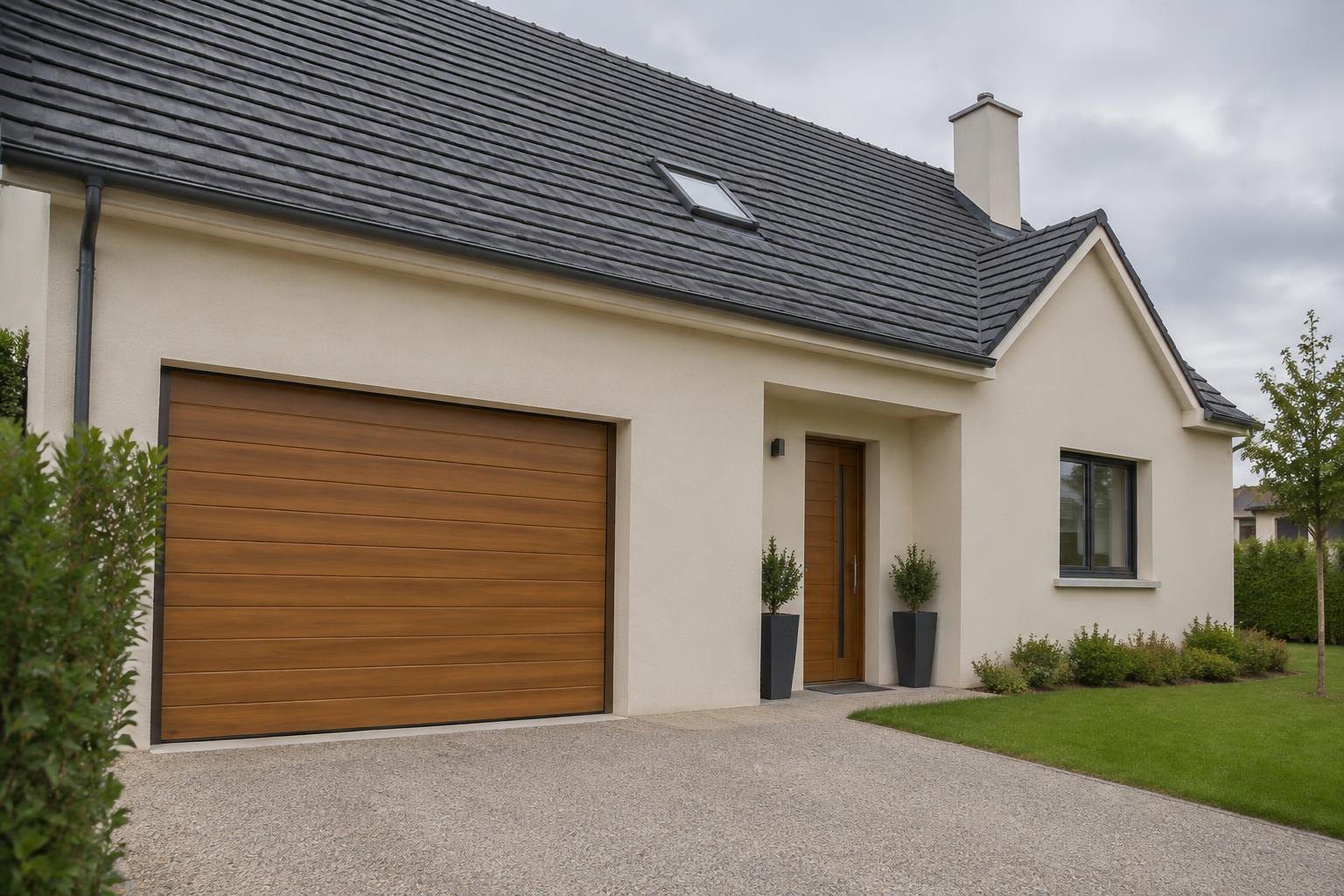 Visuel d'inspiration : porte sectionnelle décor chêne doré sur maison enduite crème