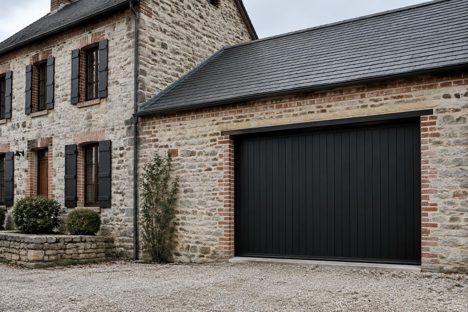 Visuel d'inspiration : porte de garage noire à rainures verticales sur longère en pierre et briques