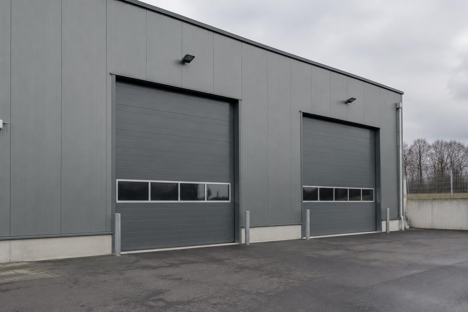 Visuel d'inspiration : deux portes sectionnelles industrielles en acier gris sur entrepôt
