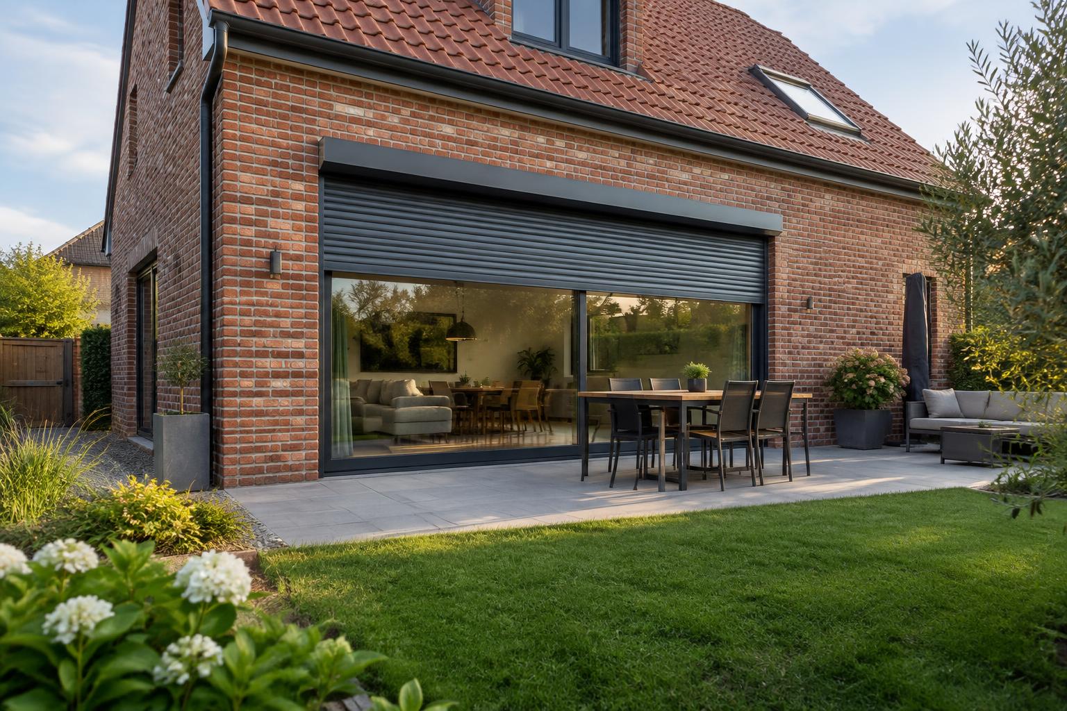 Volet roulant aluminium anthracite sur une baie vitrée d'une maison en briques