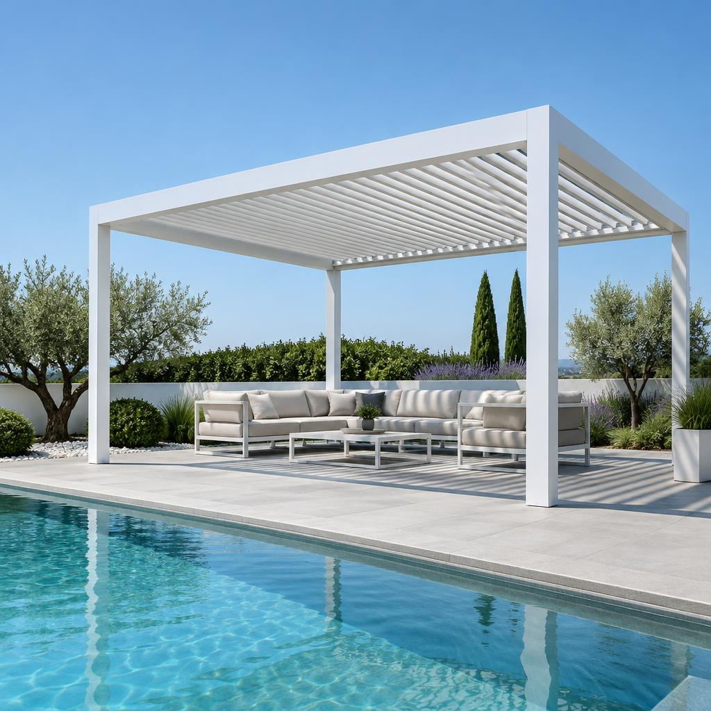 Inspiration de pergola bioclimatique blanche autoportée près d'une piscine