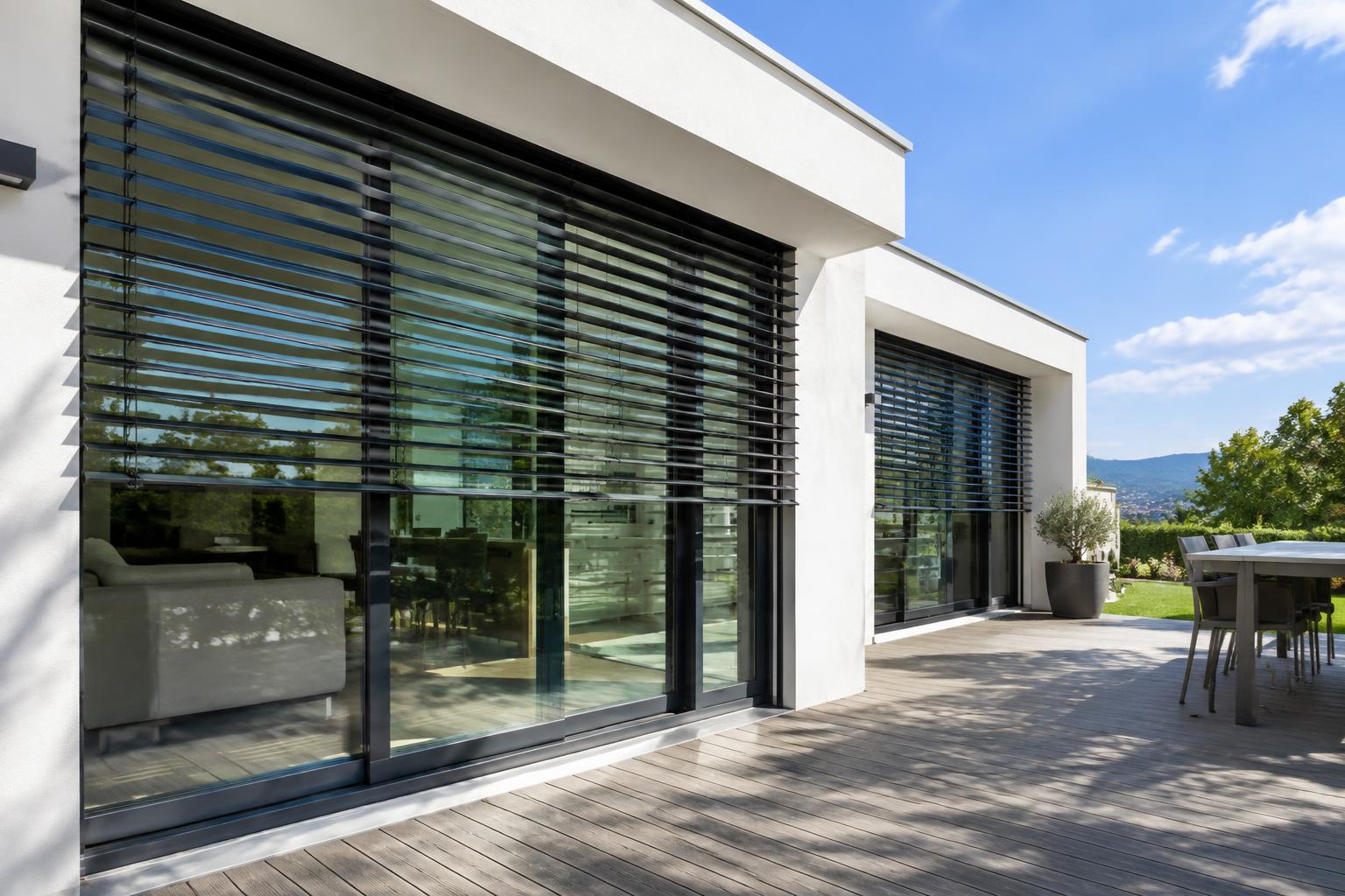 Brise-soleil orientables noirs devant de grandes baies vitrées