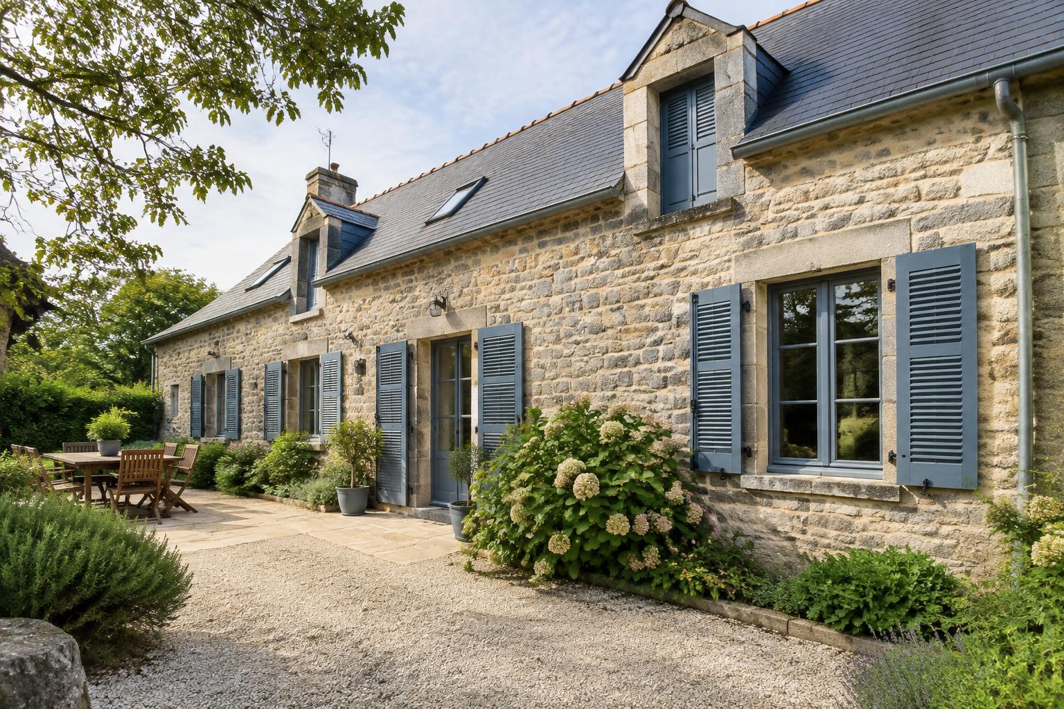 Volets battants aluminium bleu gris sur une maison en pierre