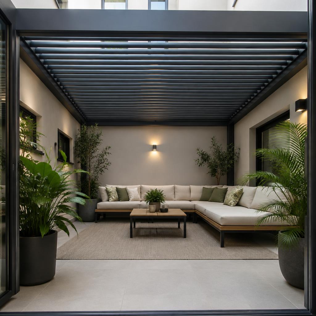 Inspiration de pergola bioclimatique encastrée entre quatre murs