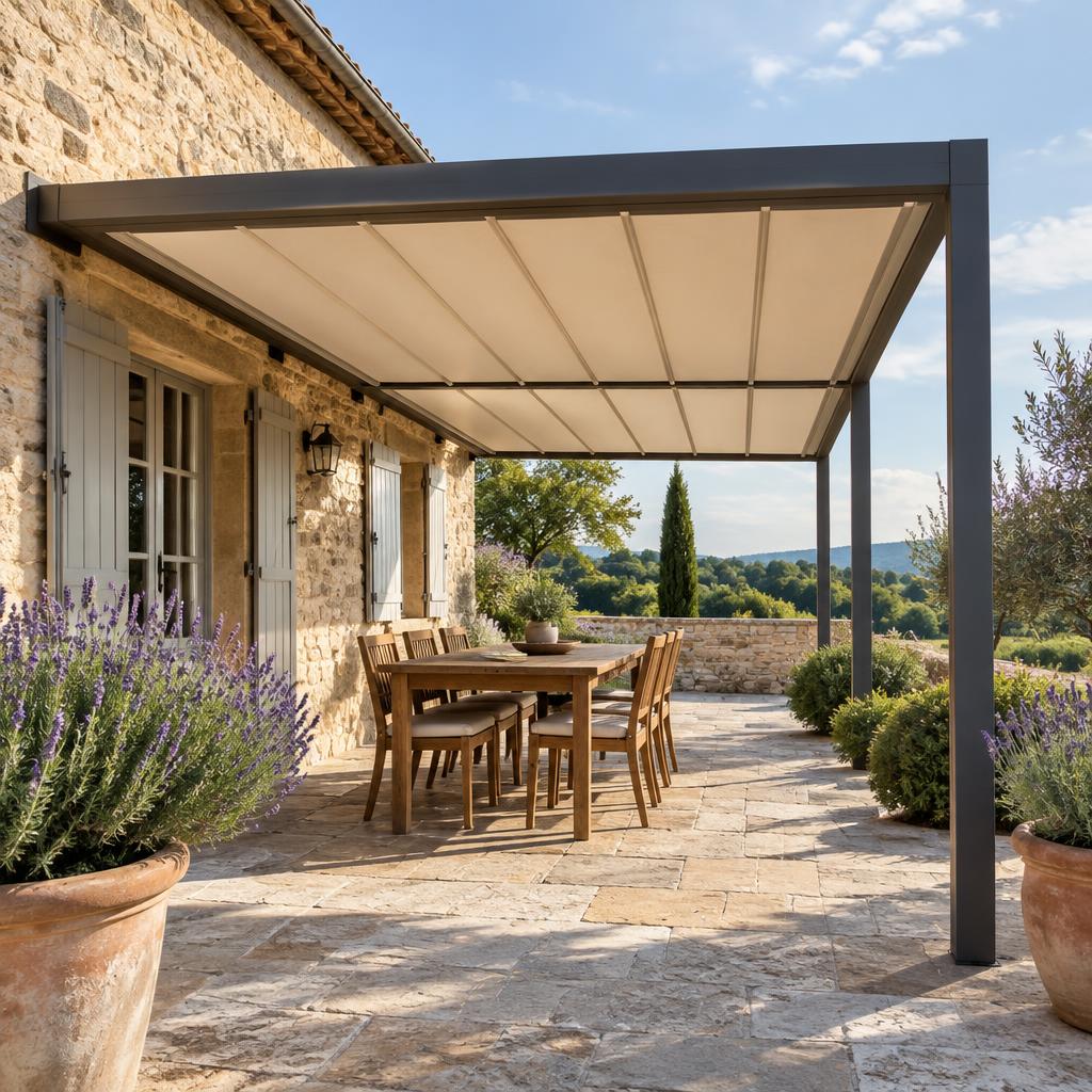 Inspiration de pergola à toile beige sur une terrasse en pierre