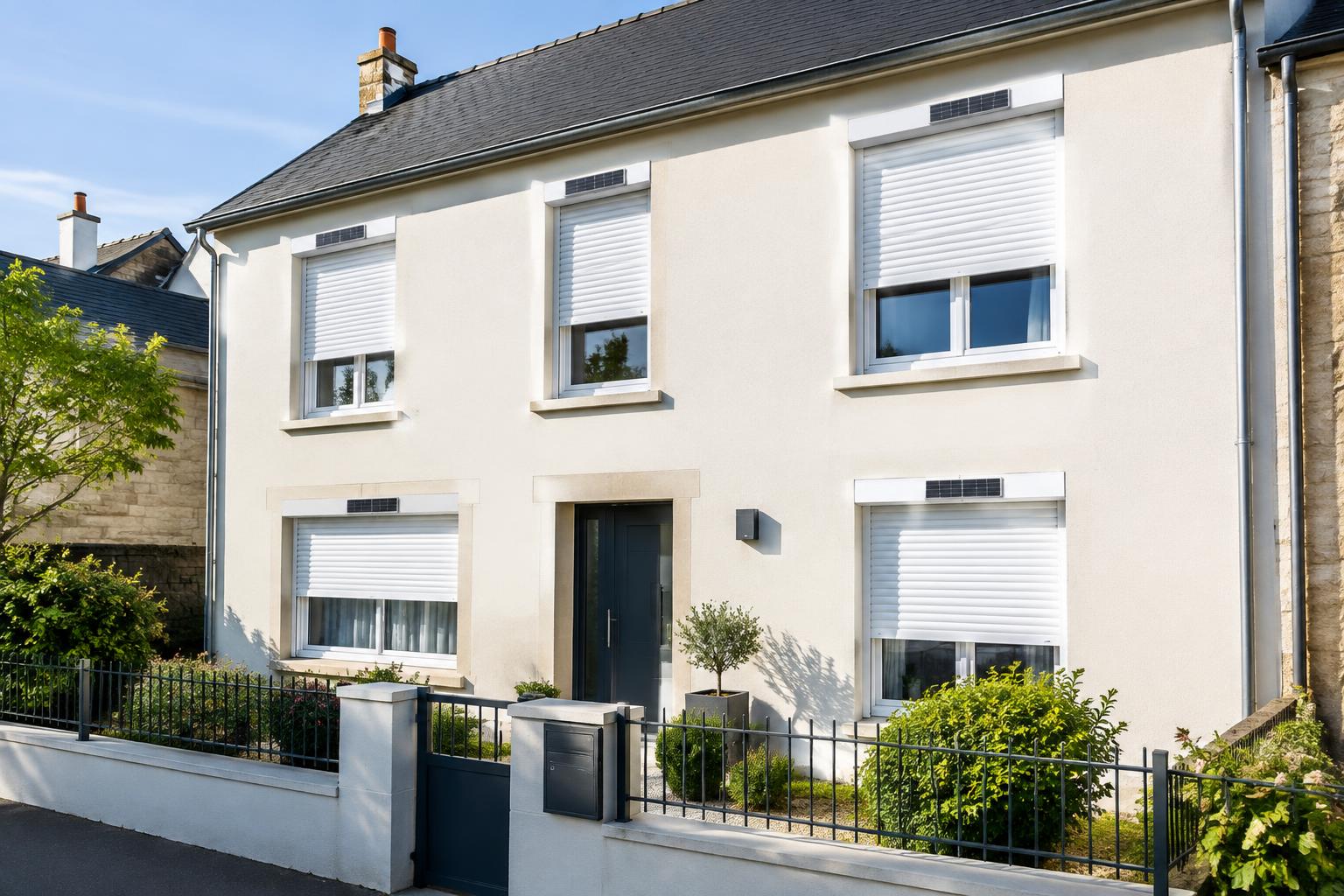 Volets roulants solaires blancs sur une maison rénovée