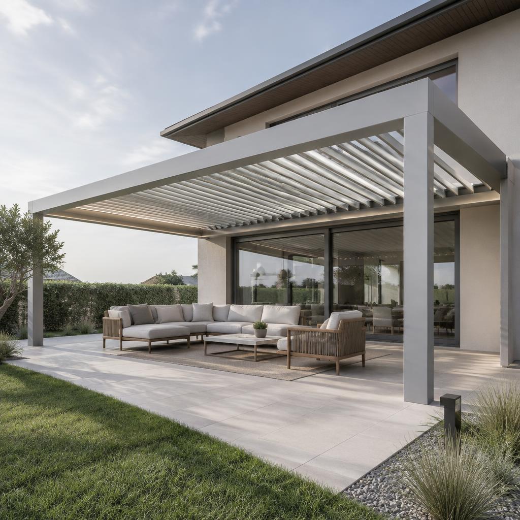 Inspiration de pergola bioclimatique gris clair sur une maison moderne