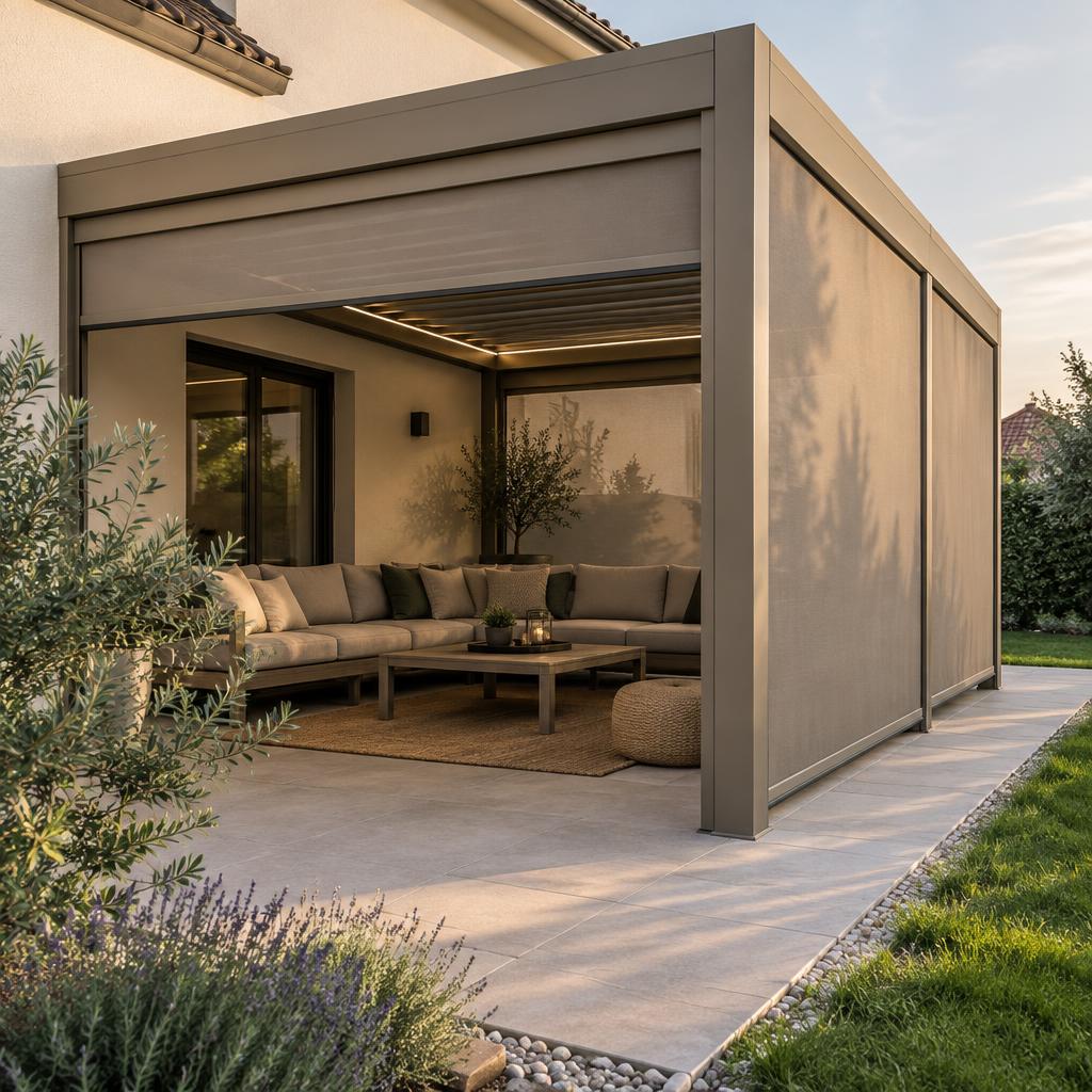 Inspiration de pergola bioclimatique taupe avec stores ZIP latéraux