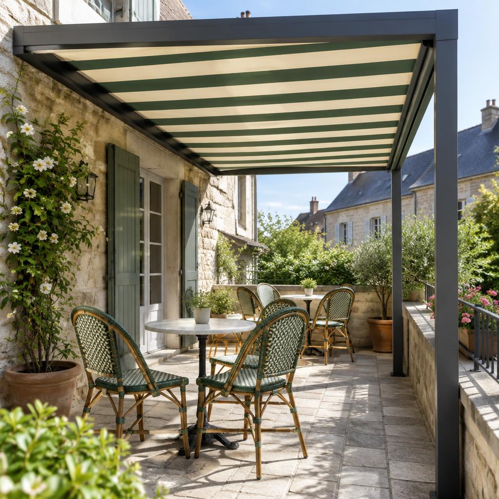 Inspiration de pergola à toile rayée sur une maison de ville