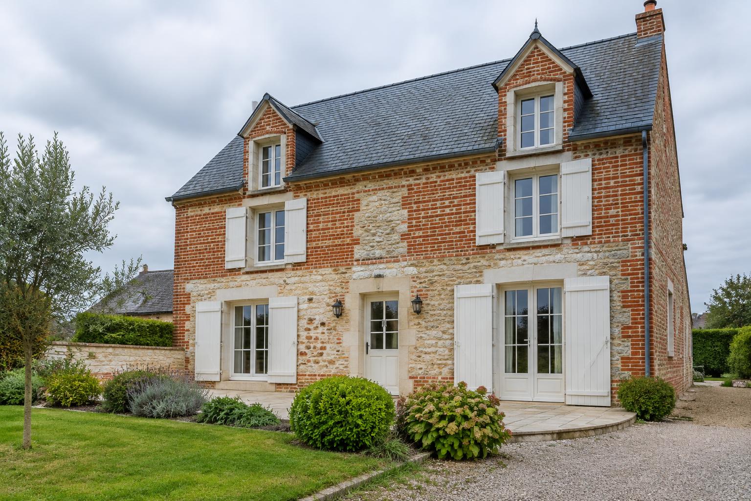 Volets battants aluminium blanc cassé sur une maison en briques et pierre