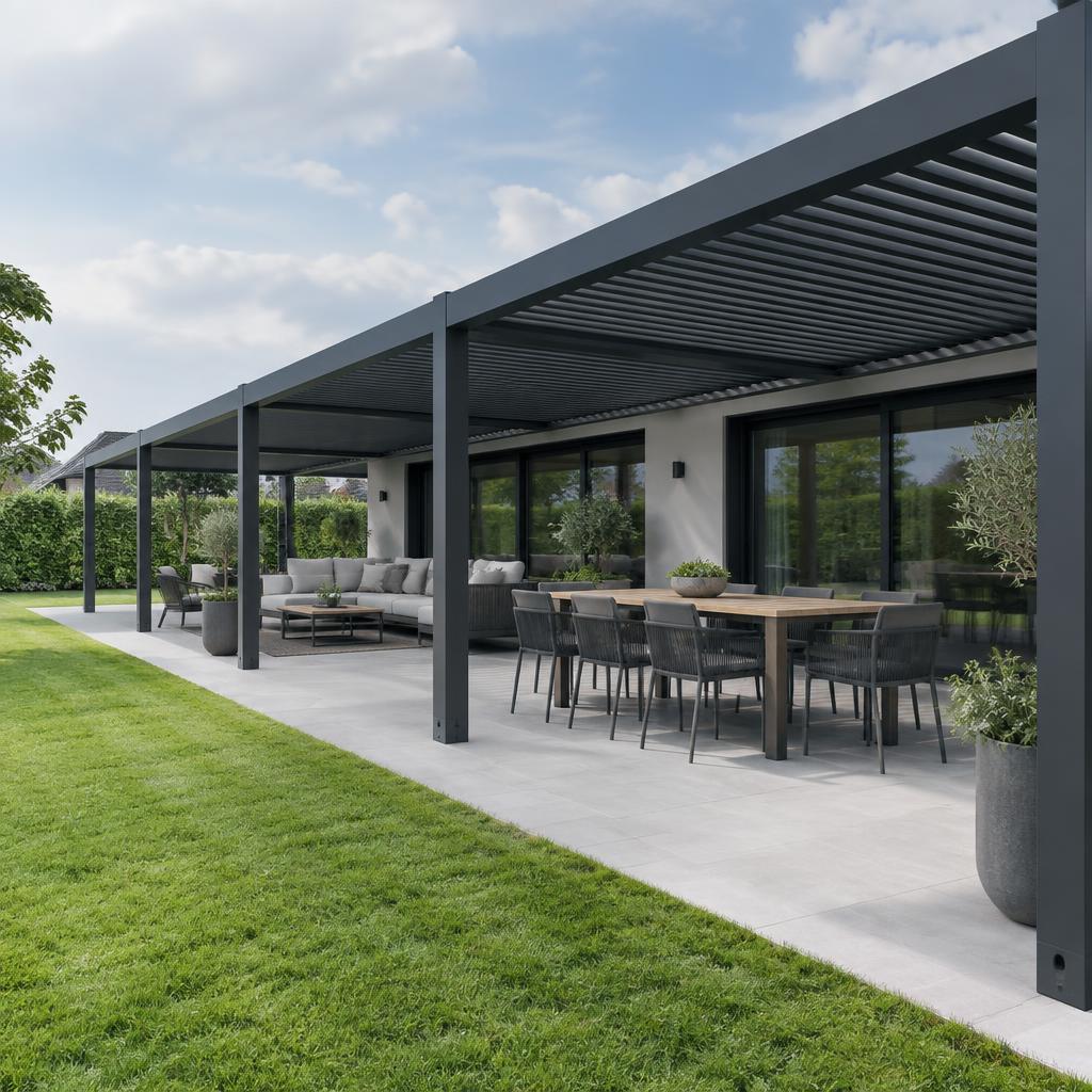 Inspiration de grande pergola bioclimatique multi-modules sur une terrasse