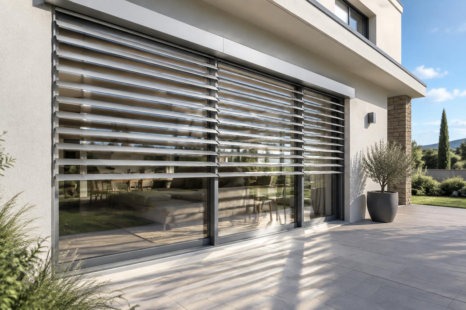 Brise-soleil orientable clair devant une grande baie vitrée