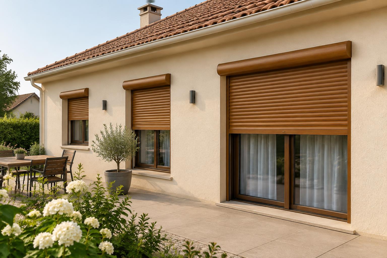 Volets roulants aluminium aspect chêne doré