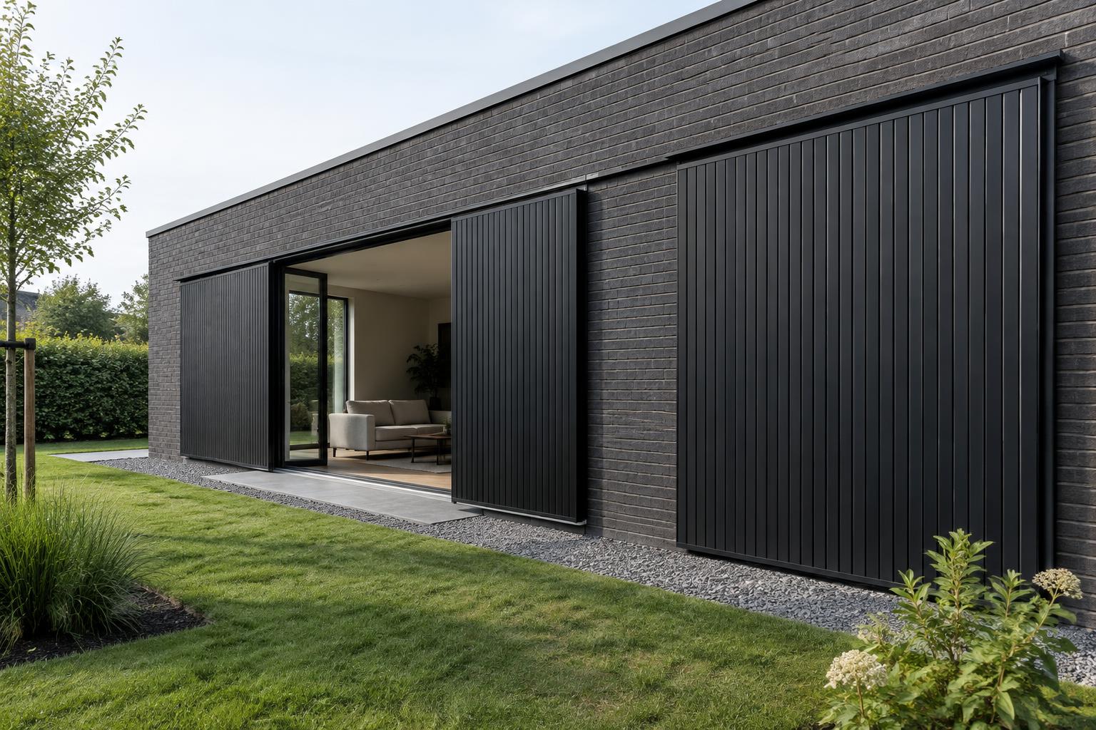 Volets coulissants aluminium noirs sur une maison contemporaine