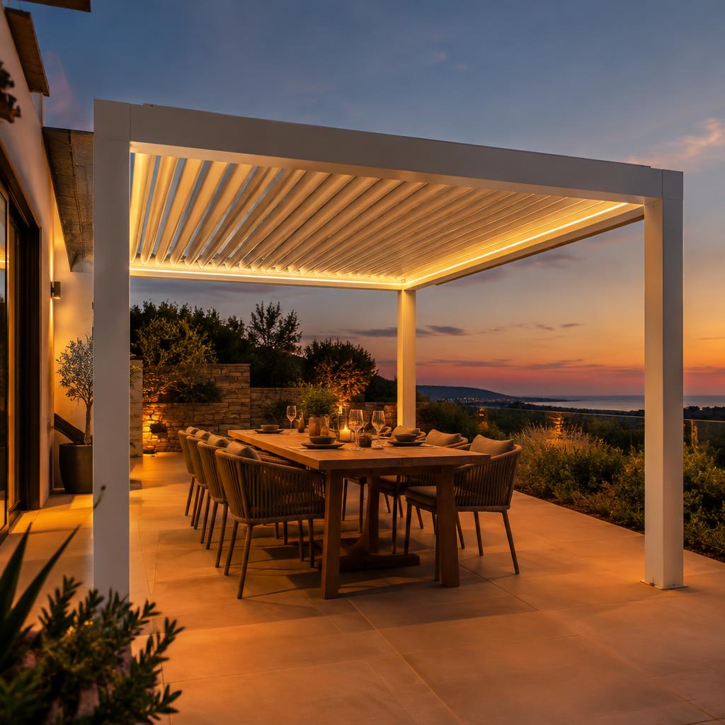 Inspiration de pergola bioclimatique blanche éclairée par LED en soirée
