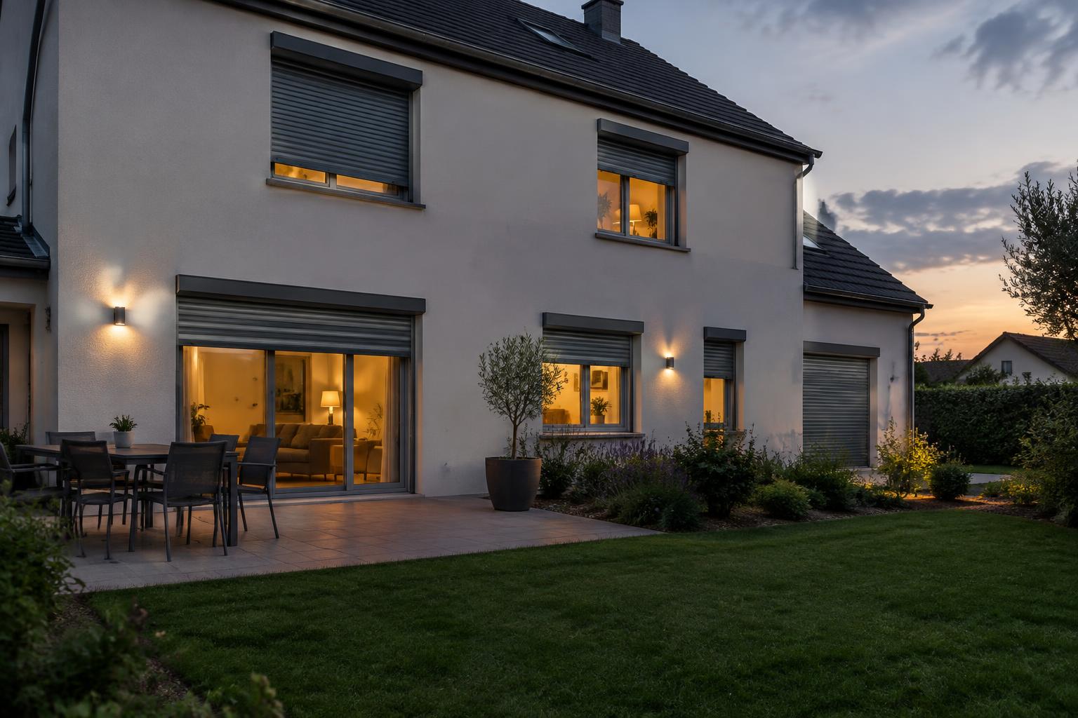 Volets roulants électriques gris sur une maison au crépuscule