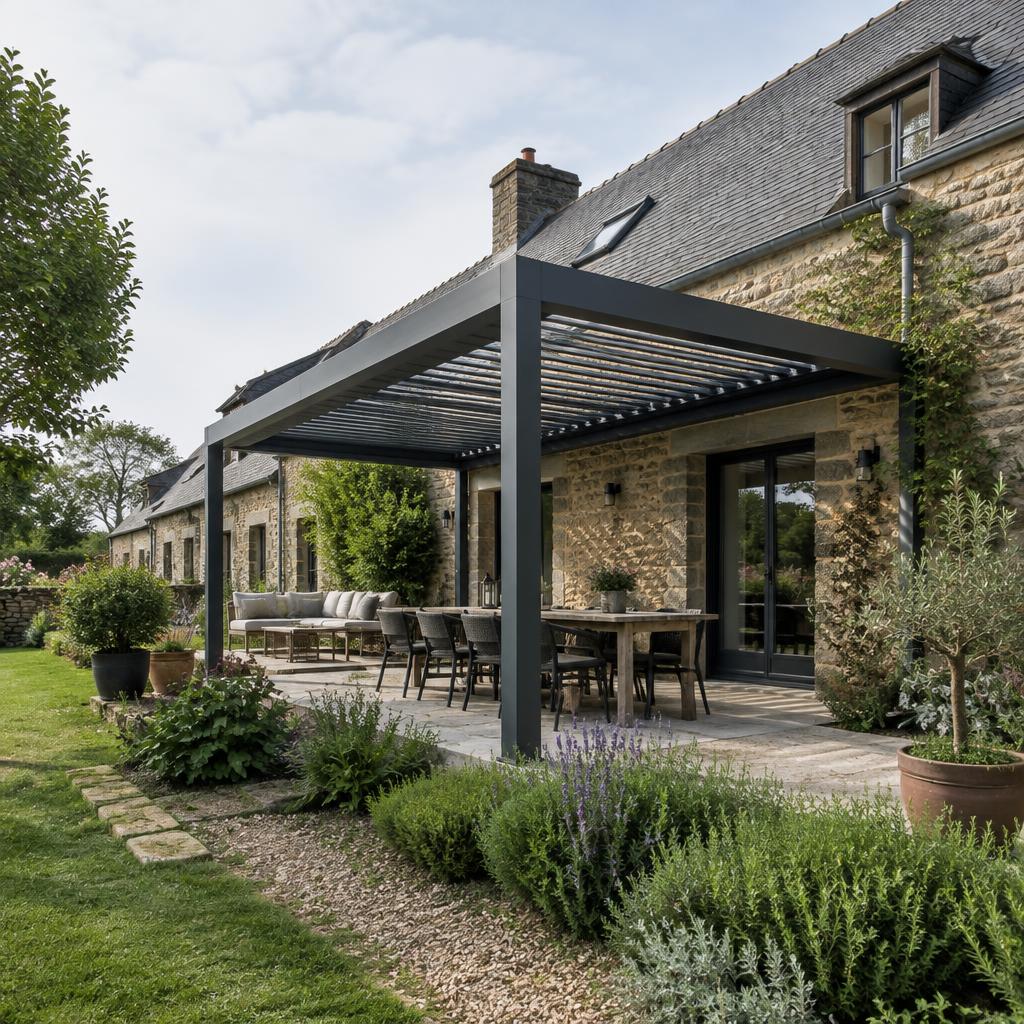 Inspiration de pergola bioclimatique gris 9007 sur une longère en pierre