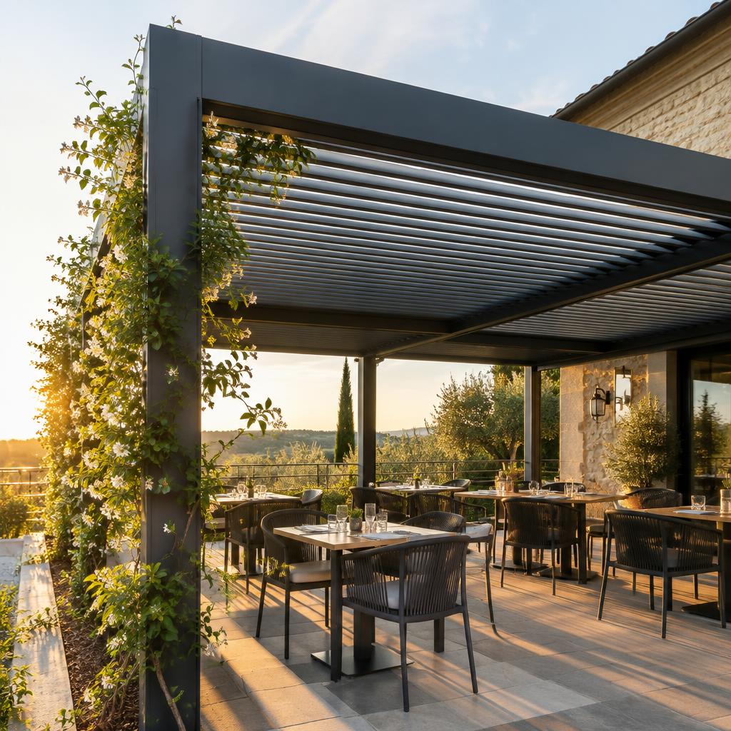 Inspiration de pergola bioclimatique sur une terrasse de restaurant
