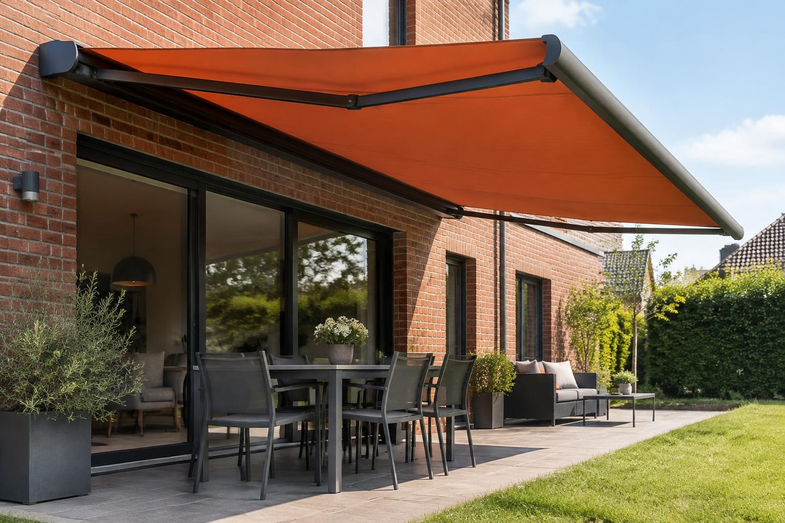 Inspiration de store banne orange sur une maison en briques
