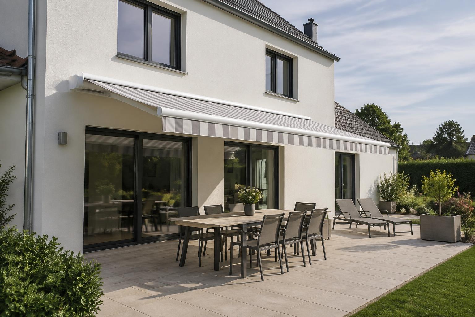 Inspiration de store banne rayé gris et blanc sur une maison claire