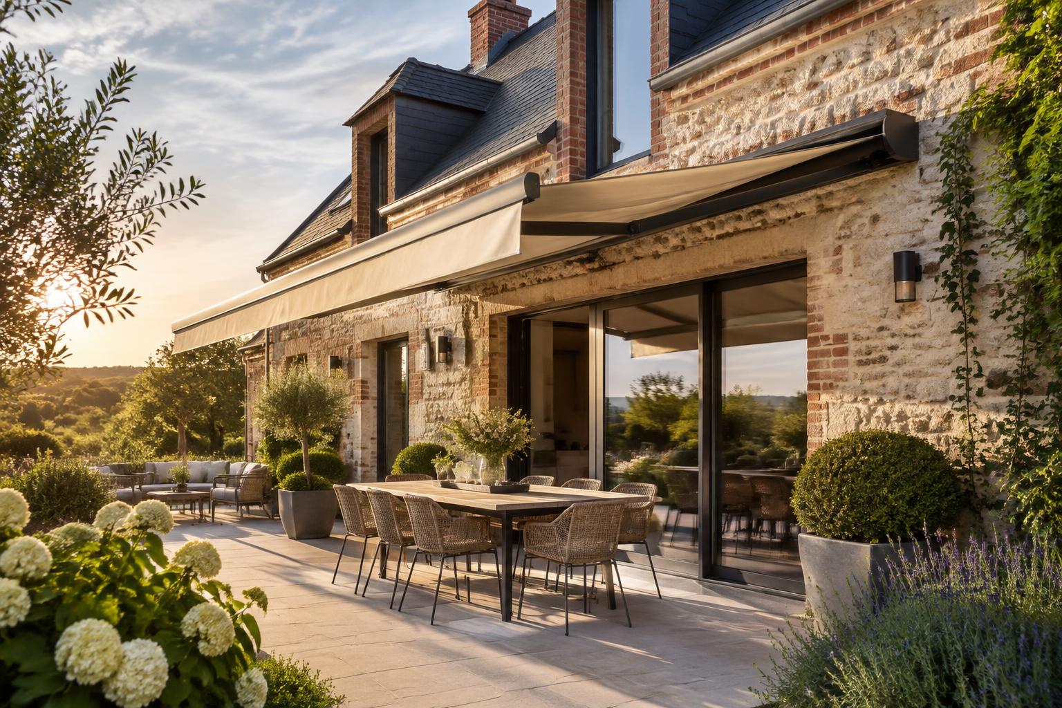 Inspiration de store banne solaire sable sur une longère en pierre