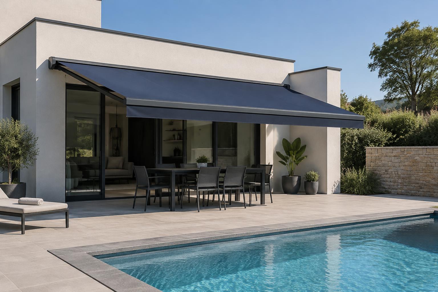 Inspiration de store banne ardoise sur une terrasse avec piscine