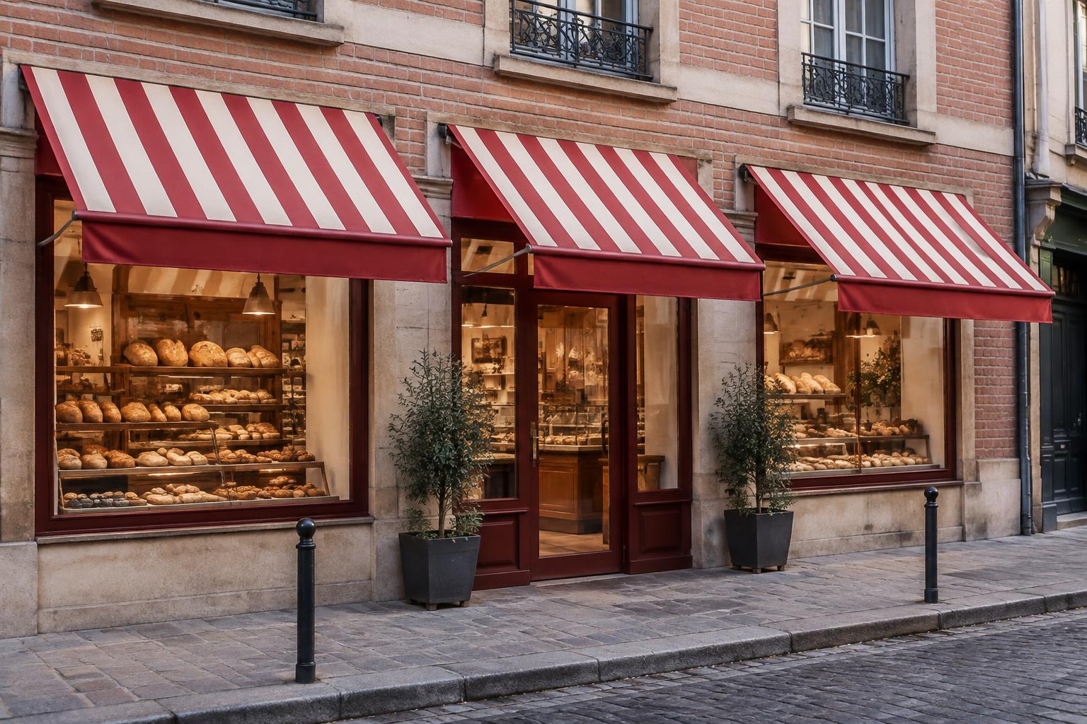Inspiration de bannettes rayées rouge et crème sur une boulangerie