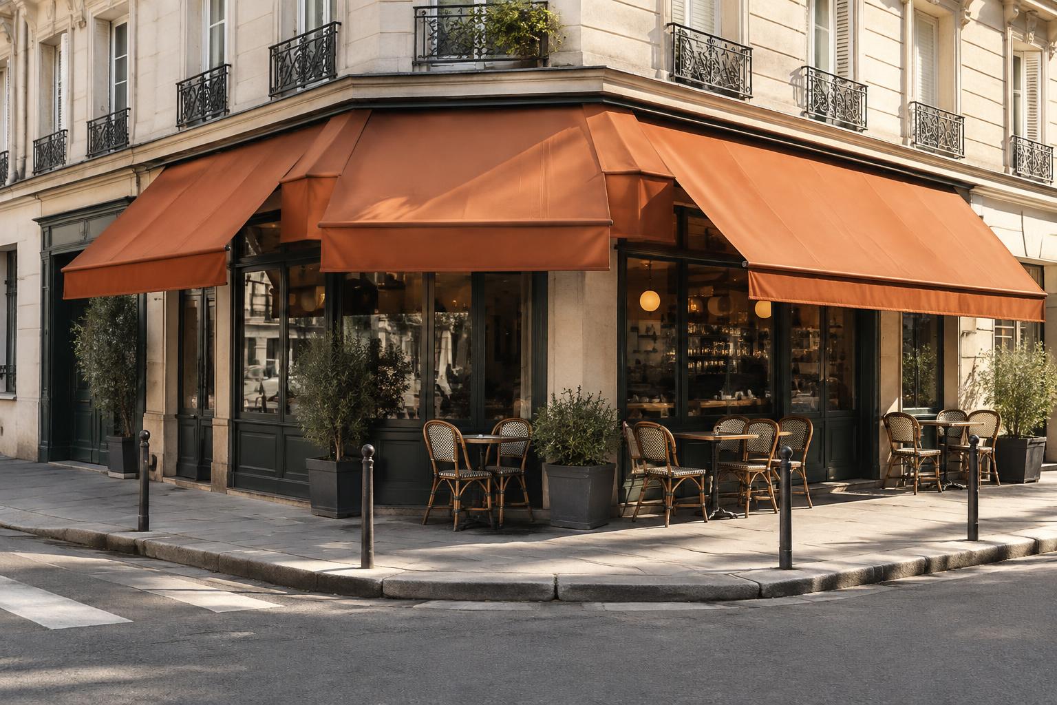 Inspiration de stores corbeilles trapèze terracotta sur un café