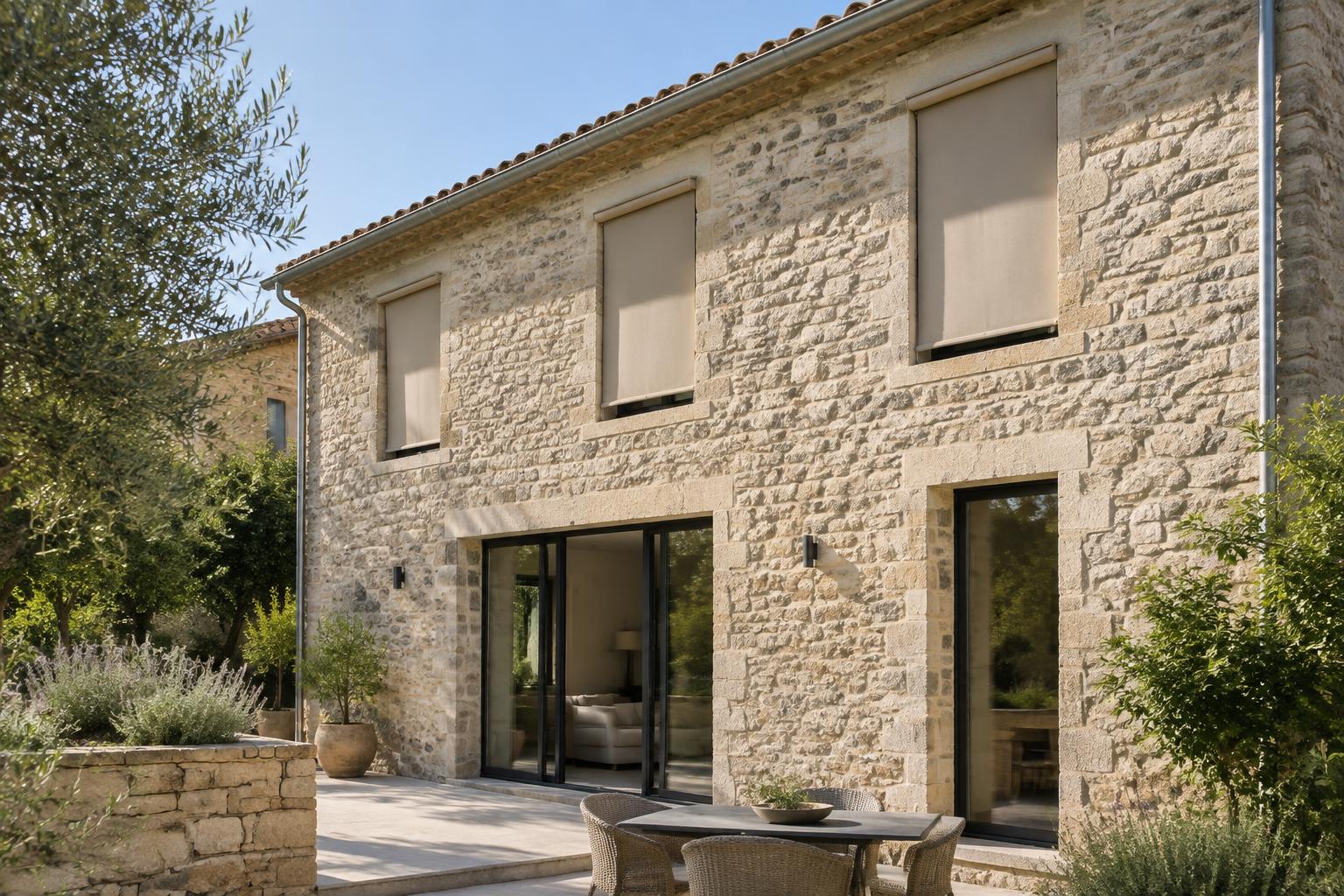 Inspiration de stores verticaux sable sur une façade en pierre