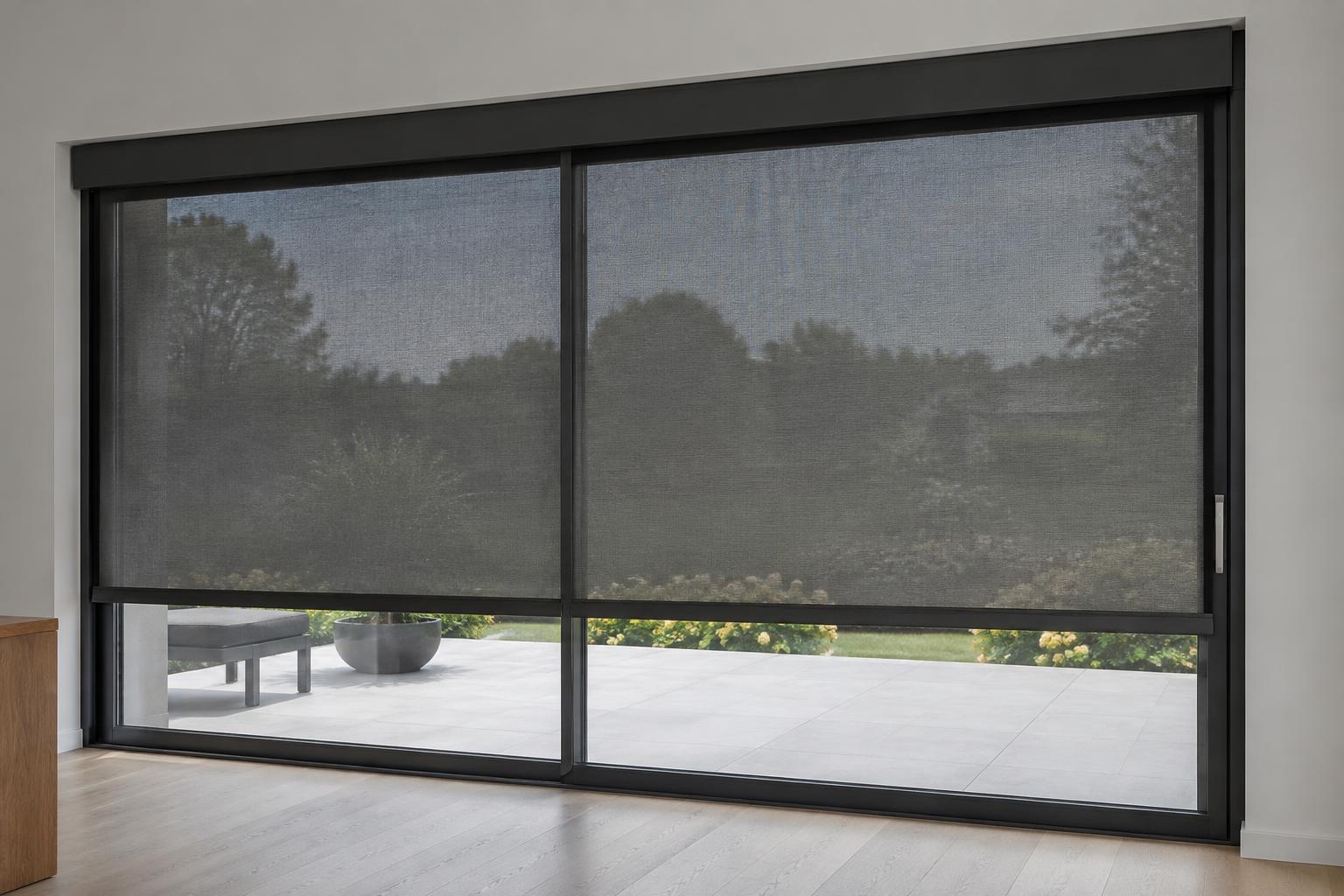Inspiration de store vertical screen gris sur une baie vitrée