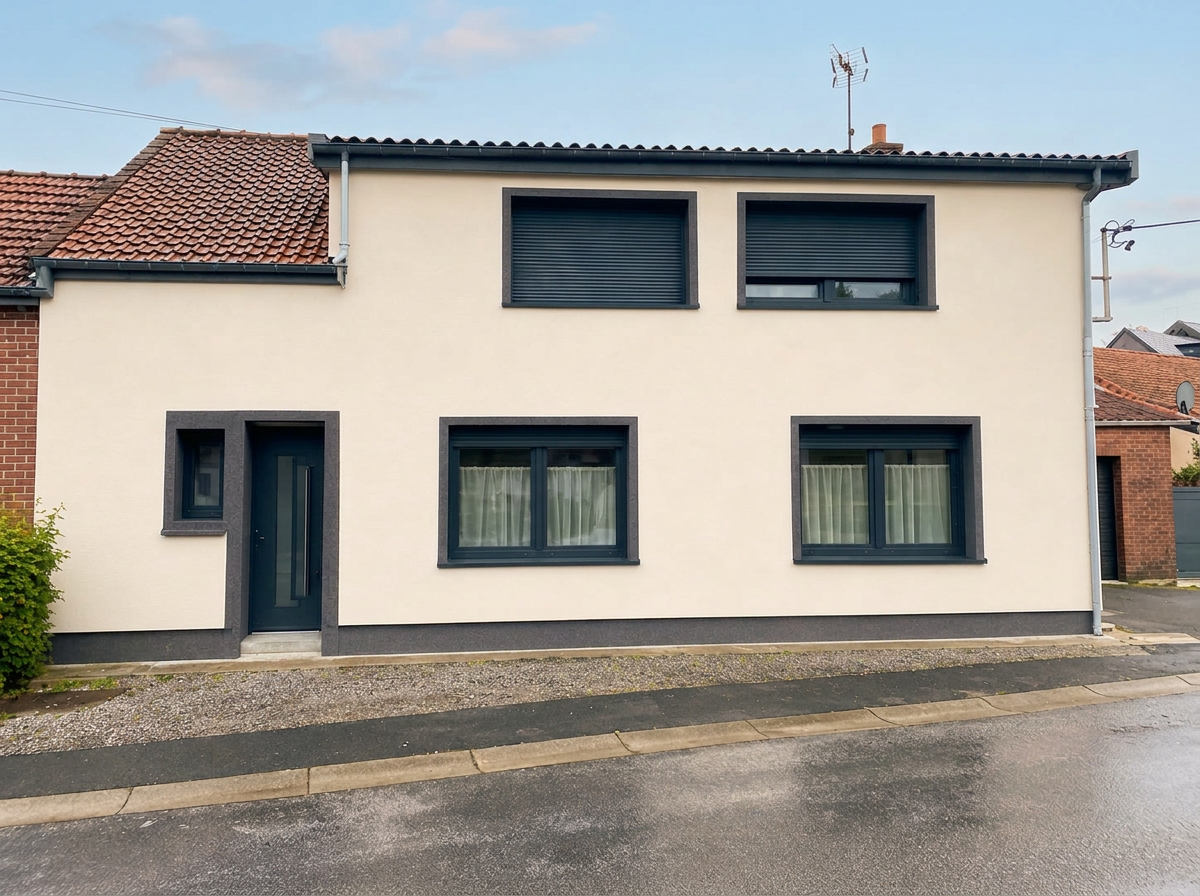 Maison rénovée avec un crépi neuf et un beau jardin verdoyant après isolation extérieure