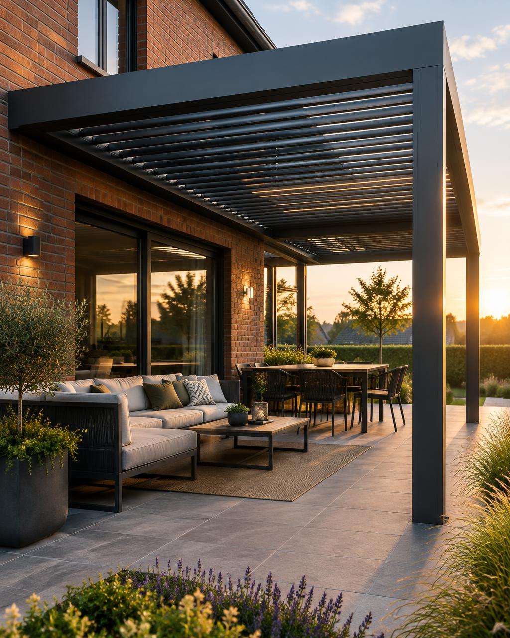 Pergola bioclimatique anthracite adossée à une maison en briques
